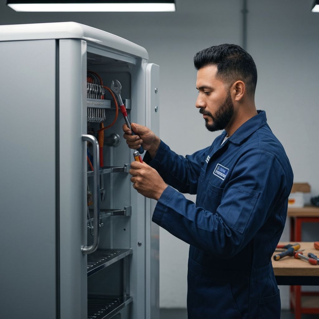 Técnico especializado reparando refrigerador